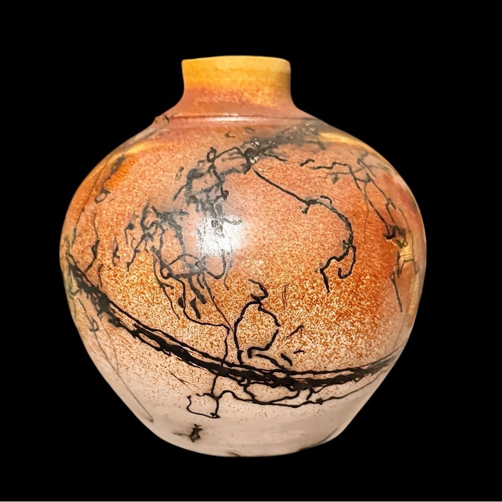 Vintage Signed Raku Ceramic Horsehair Pottery Vase